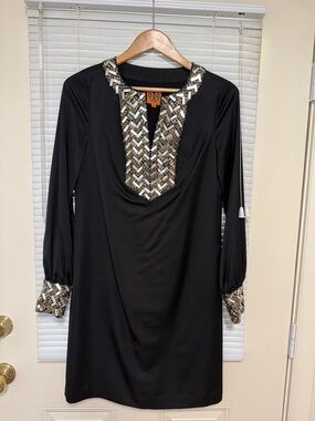 Tory Burch Black Long-Sleeve Dress with Metallic Chevron Trim